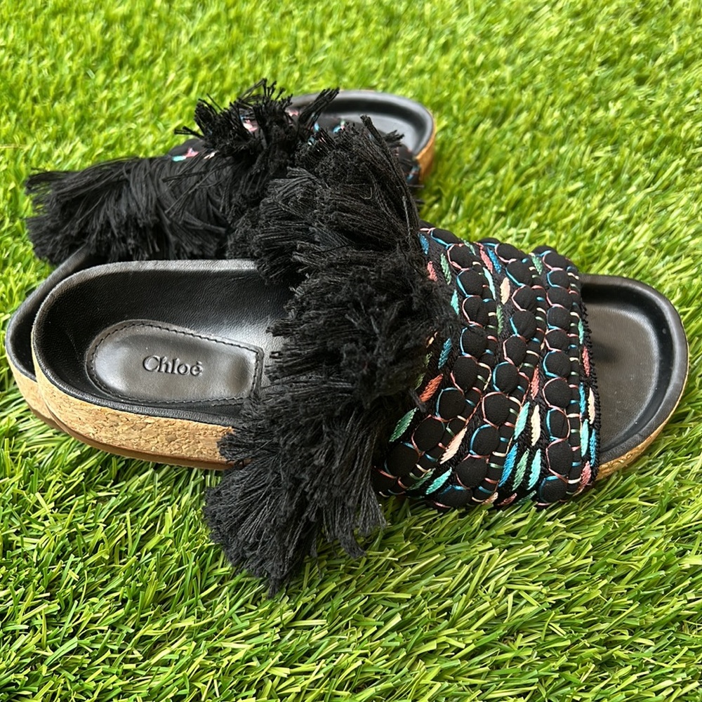 NWOB Chloe Kerenn Woven Leather Fringe Sandal Slide - Picture 7 of 15